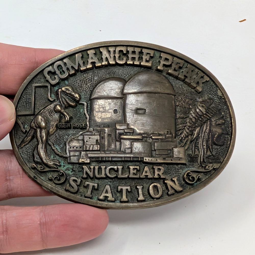 Vintage Comanche Peak Nuclear Station Brass Belt Buckle Glen Rose Texas Dinosaur